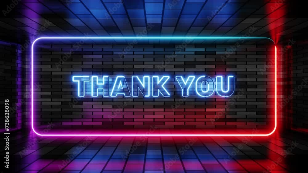 Neon sign thank you in speech bubble frame on brick wall background 3d render. Light banner on the wall background. Thank you loop gratitude and politeness, design template, night neon signboard Neon sign thank you in speech bubble frame on brick wall background 3d render. Light banner on the wall background. Thank you loop gratitude and politeness, design template, night neon signboard