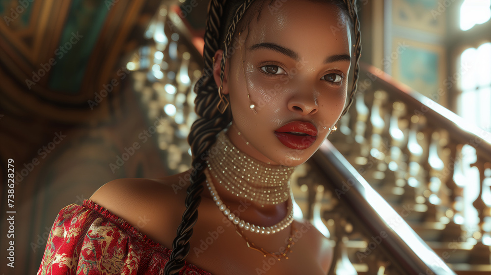 Elegant Young Woman with Pearl Accessories in a Luxurious Staircase Setting Elegant Young Woman with Pearl Accessories in a Luxurious Staircase Setting