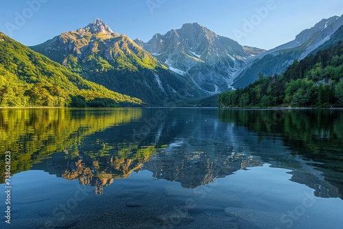 Serene lake reflecting the surrounding mountains, calm and peaceful nature landscape