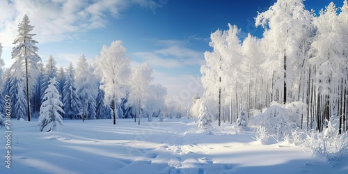 On a beautiful winter day, the snow-covered forest glistened under the blue sky as nature's delicate touch transformed the landscape into a stunning Christmas scene, where the tree, Generative AI