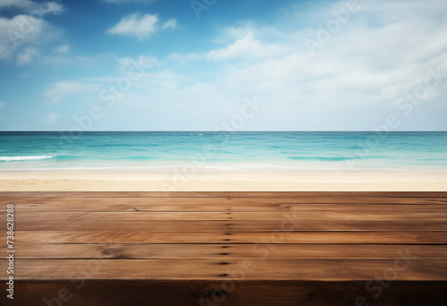 Empty Wooden Table with Bokeh Blurred Seascape Background, Beach, Cloudy Blue Sky and Calm Ocean. Empty Wooden Desk Surface for Product Display Mockup in front of a Empty Seaside View with Copy Space
