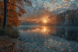 Serene lakeside at dawn, mist rising, gentle sun rays, autumn, soft natural light