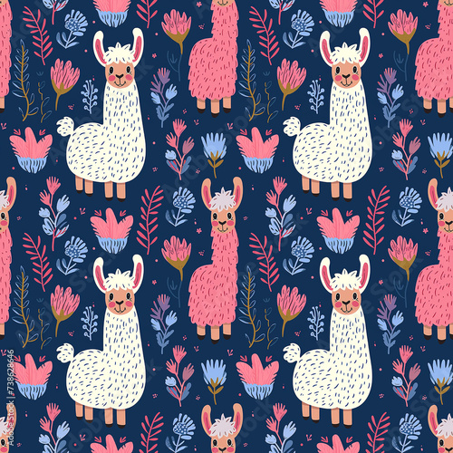 Cute Funny Cute Blue Seamless Pattern Background with Lama Pattern Background...