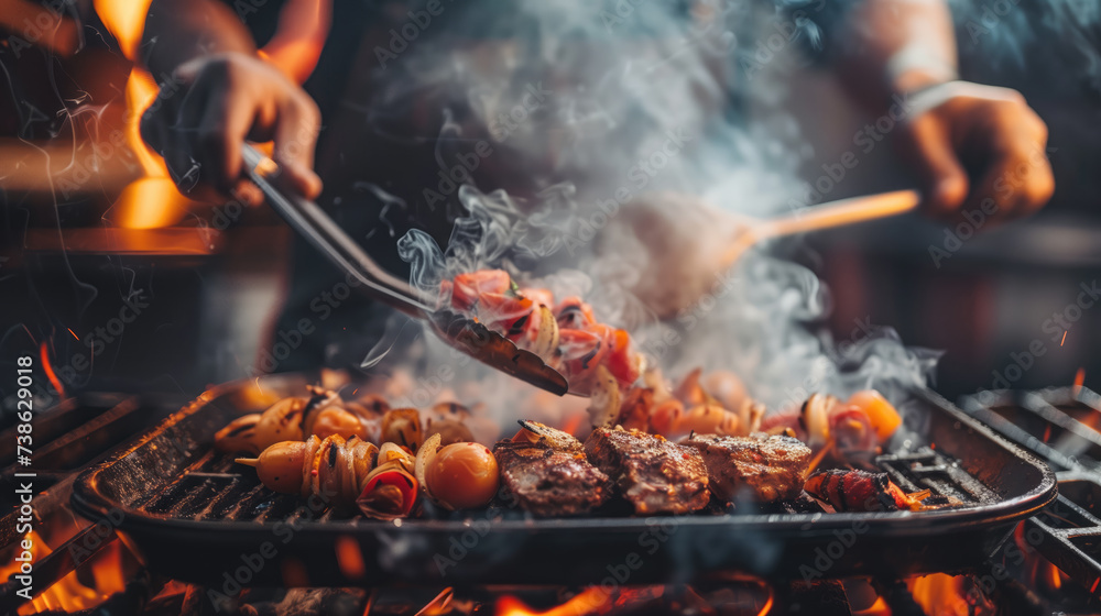 A sizzling barbecue grill full of meat and vegetables, with smoke rising as a person turns the food with tongs.