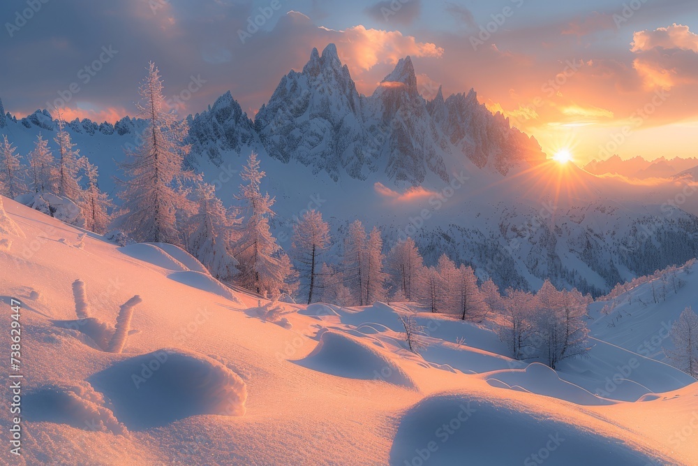Snow-covered mountain peaks with alpine trees, winter wonderland, nature landscape