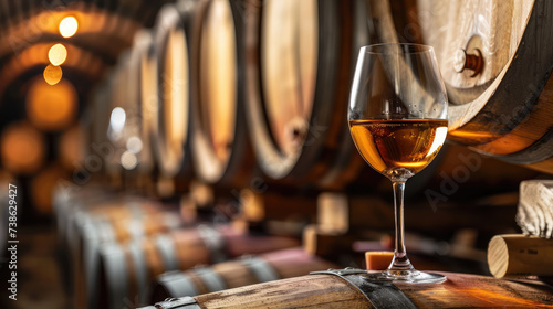 A glass of amber-colored wine stands on an oak barrel in a traditional cellar with rows of wine barrels in the background.