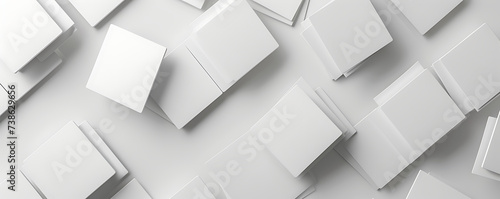 Minimal flat lay 3D render of a white geometric background  featuring a twisted deck of square blank cards with rounded corners.