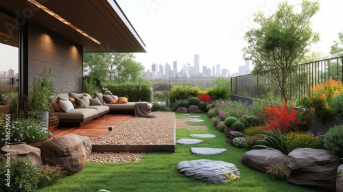 Rooftop Garden Oasis in the City, atranquil rooftop garden oasis in the midst of a bustling city, providing a green retreat with cityscape views. photo