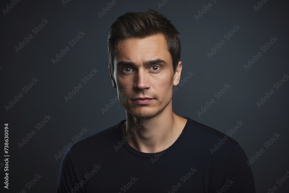 Portrait of a young man in black t-shirt on dark background