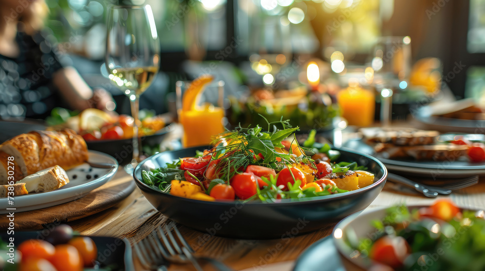 A fresh salad with ripe cherry tomatoes takes center stage on a table set with diverse dishes and a glass of white wine.