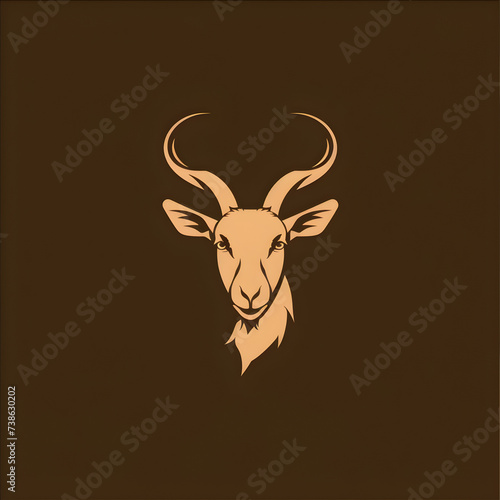 A logo illustration of a goat head on brown background. Created with generative AI.