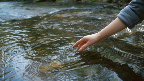 A woman s hand tugging the water in a forest river over  morning tenting trips and space  Generative AI.