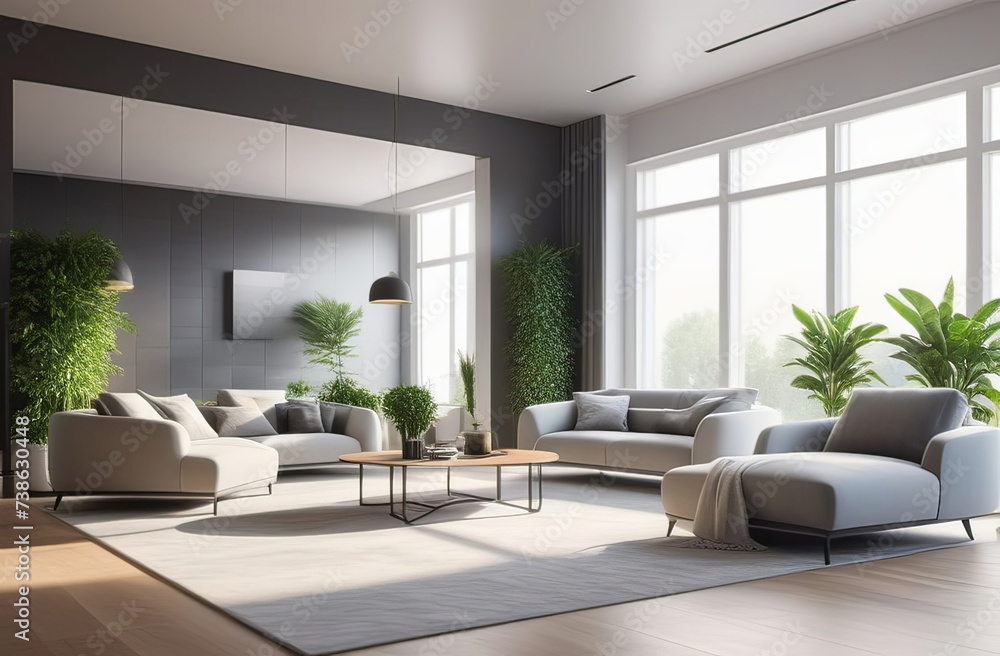 Living room with couch, table, plantfilled windows in a spacious house Living room with couch, table, plantfilled windows in a spacious house