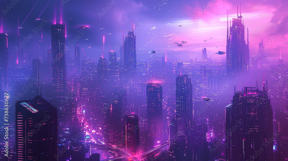 A futuristic cityscape, with towering skyscrapers and flying cars. The city is bathed in neon lights, creating a vibrant and otherworldly atmosphere. Well exposed photo