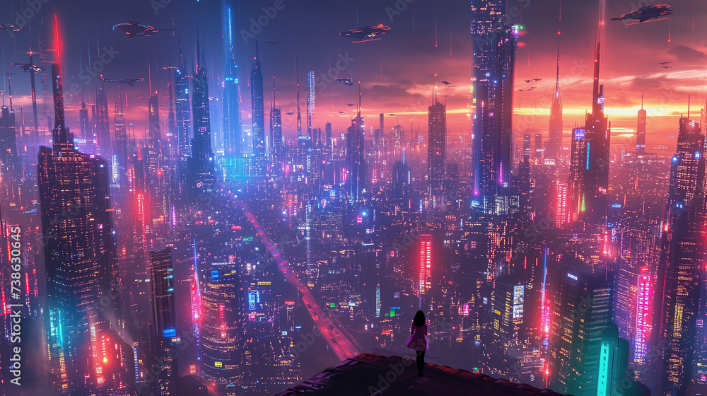 A futuristic cityscape, with towering skyscrapers and flying cars. The city is bathed in neon lights, creating a vibrant and otherworldly atmosphere. Well exposed photo