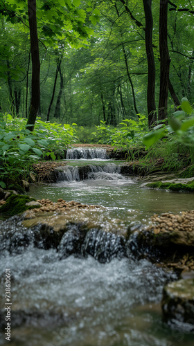 A peaceful and serene image of a forest stream  with the water flowing slowly and quietly. The stream is surrounded by lush trees and plants  creating a sense of tranquility. Well exposed photo
