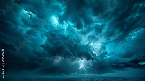A powerful and evocative image of a storm, with dark clouds billowing overhead and lightning streaking across the sky.