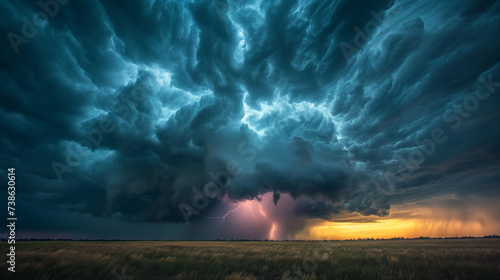 A powerful and evocative image of a storm, with dark clouds billowing overhead and lightning streaking across the sky.