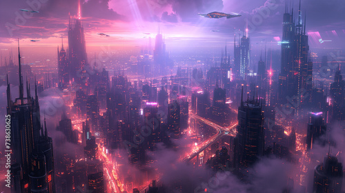 A futuristic cityscape  with towering skyscrapers and flying cars. The city is bathed in neon lights  creating a vibrant and otherworldly atmosphere. Well exposed photo