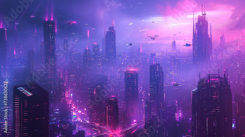 A futuristic cityscape  with towering skyscrapers and flying cars. The city is bathed in neon lights  creating a vibrant and otherworldly atmosphere. Well exposed photo