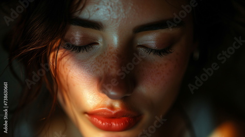 A dramatic portrait of a woman, her face illuminated by a single spotlight. Her eyes are closed, and her lips are parted in a soft smile. Well exposed photo