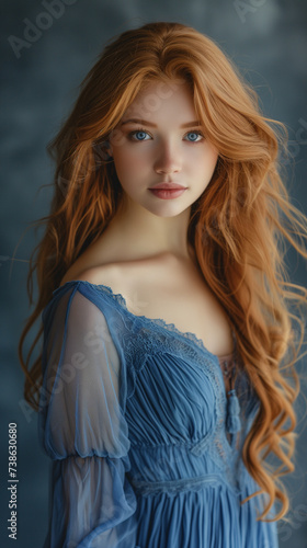 A beautiful young woman, a model wearing a long blu dress. The woman has long, red hair that falls to her shoulders. She has blu eyes. Well exposed photo