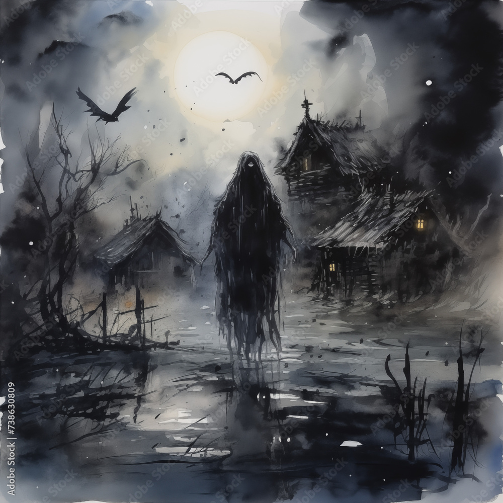 D&D watercolor art, Grue from Zork, Dark shadow apparition, paranormal ghost, dark, horror theme