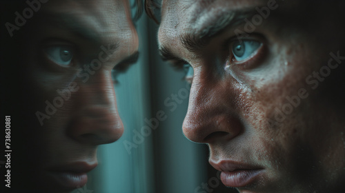 A thought-provoking image of a person, their face expressionless and their eyes staring off into the distance. The person is standing in front of a mirror, reflecting on their own existence. Well expo