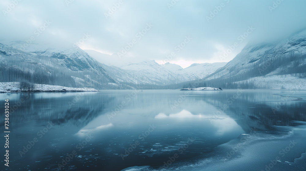 A peaceful and serene image of a snowy landscape, with snow-capped mountains and a frozen lake. The landscape is bathed in a soft, diffused light, creating a sense of tranquility.