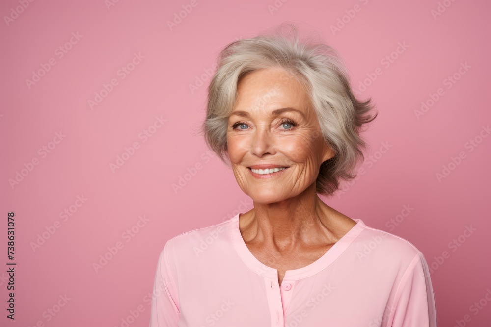 Portrait of smiling senior woman looking at camera isolated on pink background Portrait of smiling senior woman looking at camera isolated on pink background