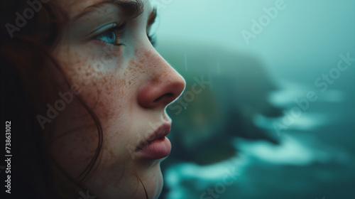A thought-provoking image of a person, their face expressionless and their eyes staring off into the distance. The person is standing on a cliff, overlooking a vast ocean. Well exposed photo photo