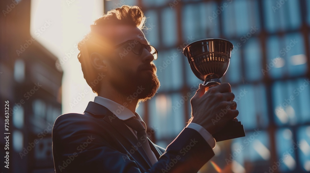 A triumphant businessman in a suit holds a golden trophy aloft, symbolizing his success and recognition as a top-performing employee or entrepreneur in a corporate setting. - obrazy, fototapety, plakaty 