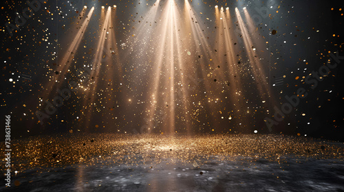 golden confetti rain on festive stage with light beam in the middle, empty room at night mockup with copy space, generative ai