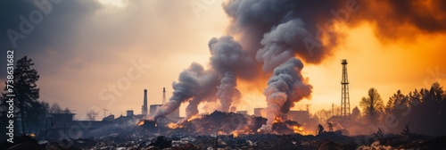 Air pollution and environmental problems. thick black smoke chimney, incineration of garbage waste