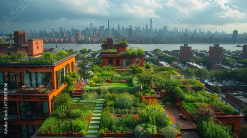 Rooftop Garden Oasis in the City, atranquil rooftop garden oasis in the midst of a bustling city, providing a green retreat with cityscape views. photo