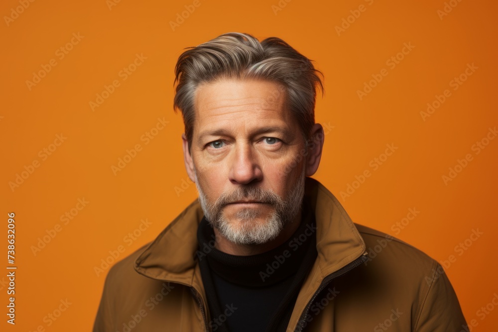Portrait of a middle-aged man in a brown jacket on an orange background Portrait of a middle-aged man in a brown jacket on an orange background
