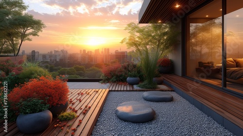 Rooftop Garden Oasis in the City, atranquil rooftop garden oasis in the midst of a bustling city, providing a green retreat with cityscape views. photo