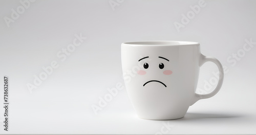 a cup with a sad expression on a white background. the copy space. a place for the text. the harm of coffee , ecology, sadness