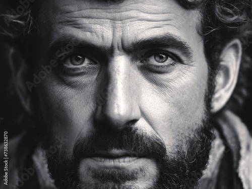 Close-up portrait of a bearded man looking forward. Black and white frame.
