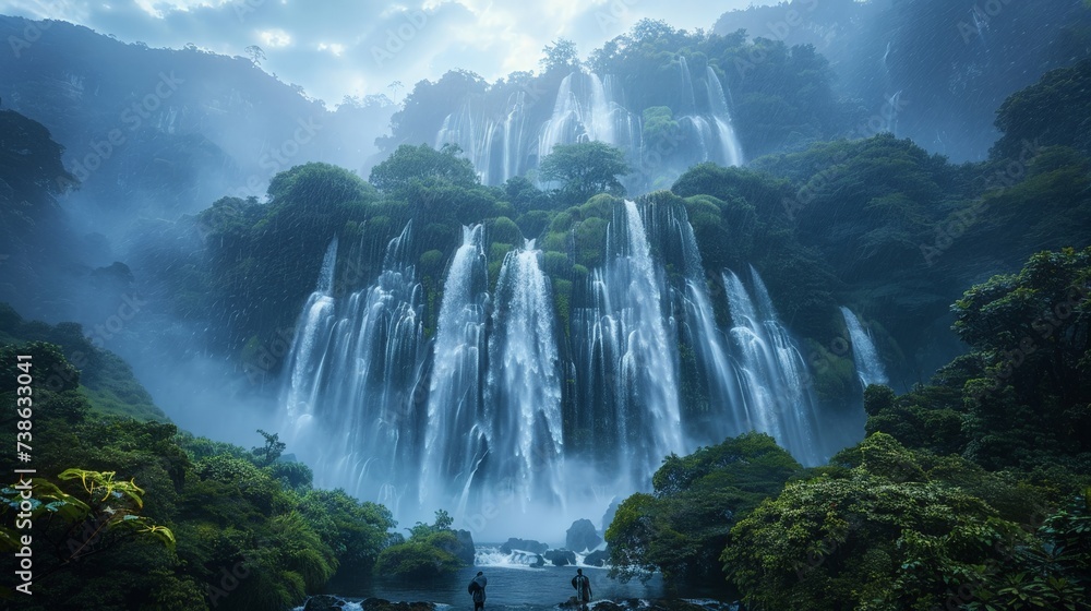 Waterfall in a tropical forest, high angle, rainy season, soft natural light, misty and fresh