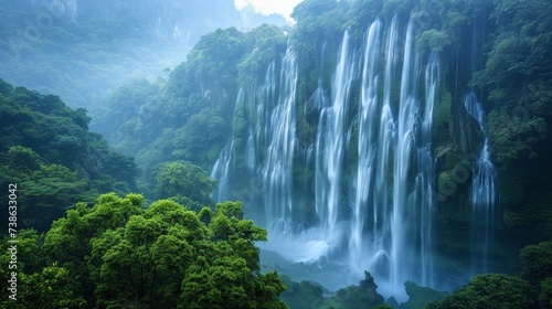 Waterfall in a tropical forest, high angle, rainy season, soft natural light, misty and fresh
