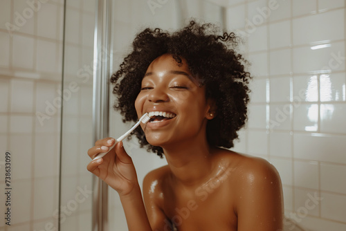 Dental hygiene scene of a happy black afro woman brushing her teeth in the morning with toothbrush, in bathroom with copy space on white wall tiles photo