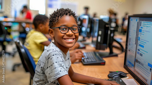 Happy African American Boy Learning in Tech-Enhanced Classroom: A Cheerful Student Engages with Computer Coding Education.
