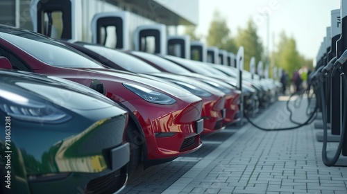 At an accessible charging station, several instances of electric vehicles and space, Generative AI.