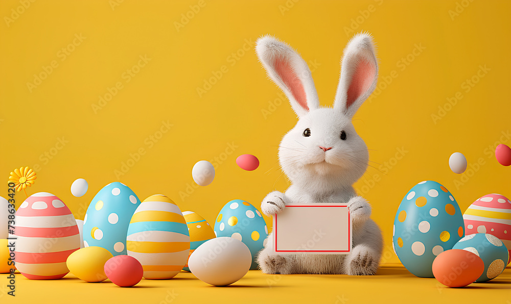 Easter bunny and easter eggs on yellow background with copy space