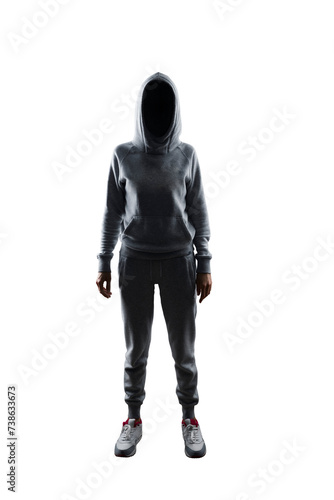 Figure in grey hoodie and joggers facing forward, isolated on a white background