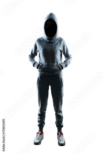 Anonymous person in hoodie with hands on hips, full body isolated on white