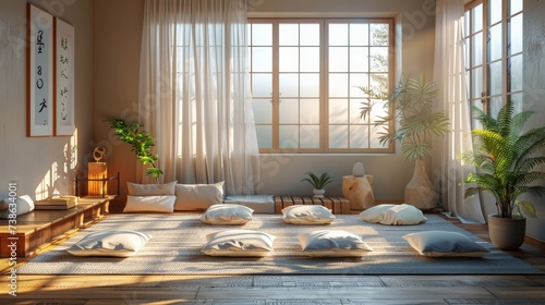 Zen-inspired meditation room with minimal decor, natural elements, and serene color palette