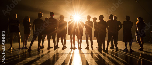 Amateur Theater Group Silhouetted on Stage, Collaboration and Artistic Expression Concept
