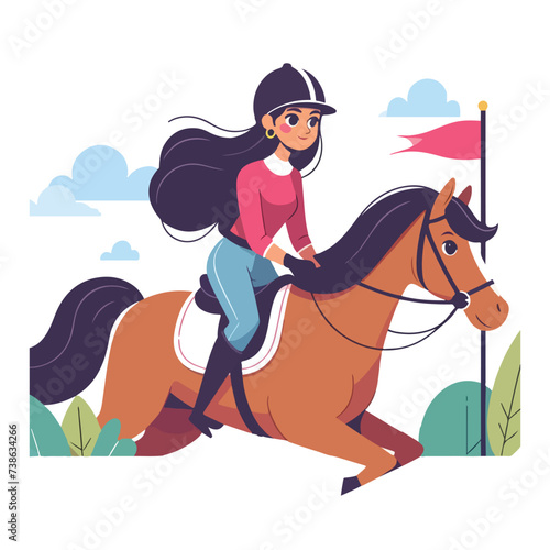 people women riding horses sport race flat vector